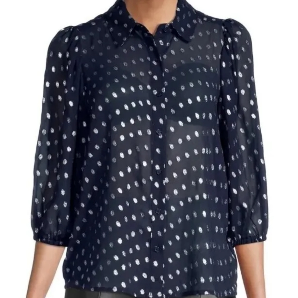 NANETTE LEPORE  BLOUSE Women's Size Small BLACK WITH GOLD METALLIC Polka Dots
